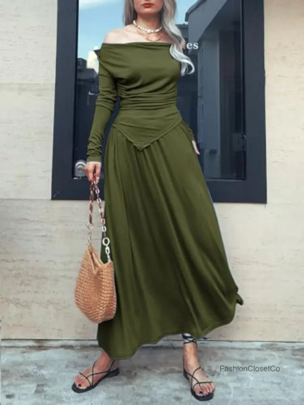 2 Piece Skirt Set Ruched Long Sleeve Off Shoulder Top Maxi Skirt Matching Sets